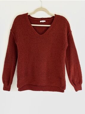 Maurices Maroon Mixed Knit Balloon Sleeve V-Neck Sweater Fall Cozy Minimalist XS